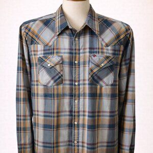 Ely Plains Blue & Tan Plaid Snap Button Western Shirt — Men’s 17 Neck